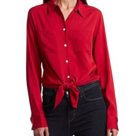 Theory Stretch Silk Women's Tie-Front Red Medium Long Sleeve Button Shirt Blouse - Picture 1 of 14